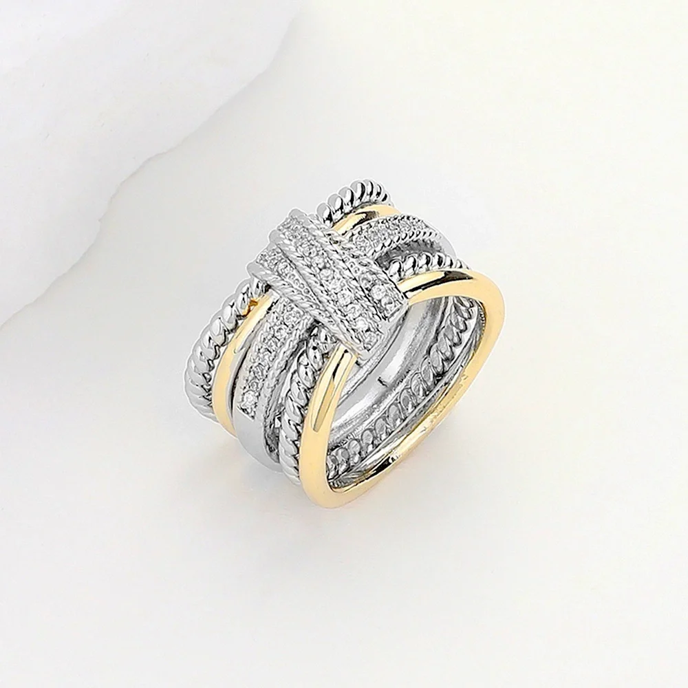 Two Tone Pave Stone Crossover Ring - Picture 1 of 2